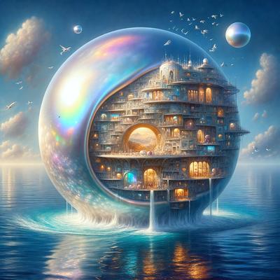 Primary subject: A large, colorful, and intricately designed building with a glass dome, surrounded by water.

Setting/background: The building is floating on top of a body of water, with a blue sky visible in the background.

Visual style: The image is a digital art or illustration, featuring a vibrant and imaginative design.

Colors and mood: The colors in the image are predominantly blue and white, creating a serene and calming atmosphere.